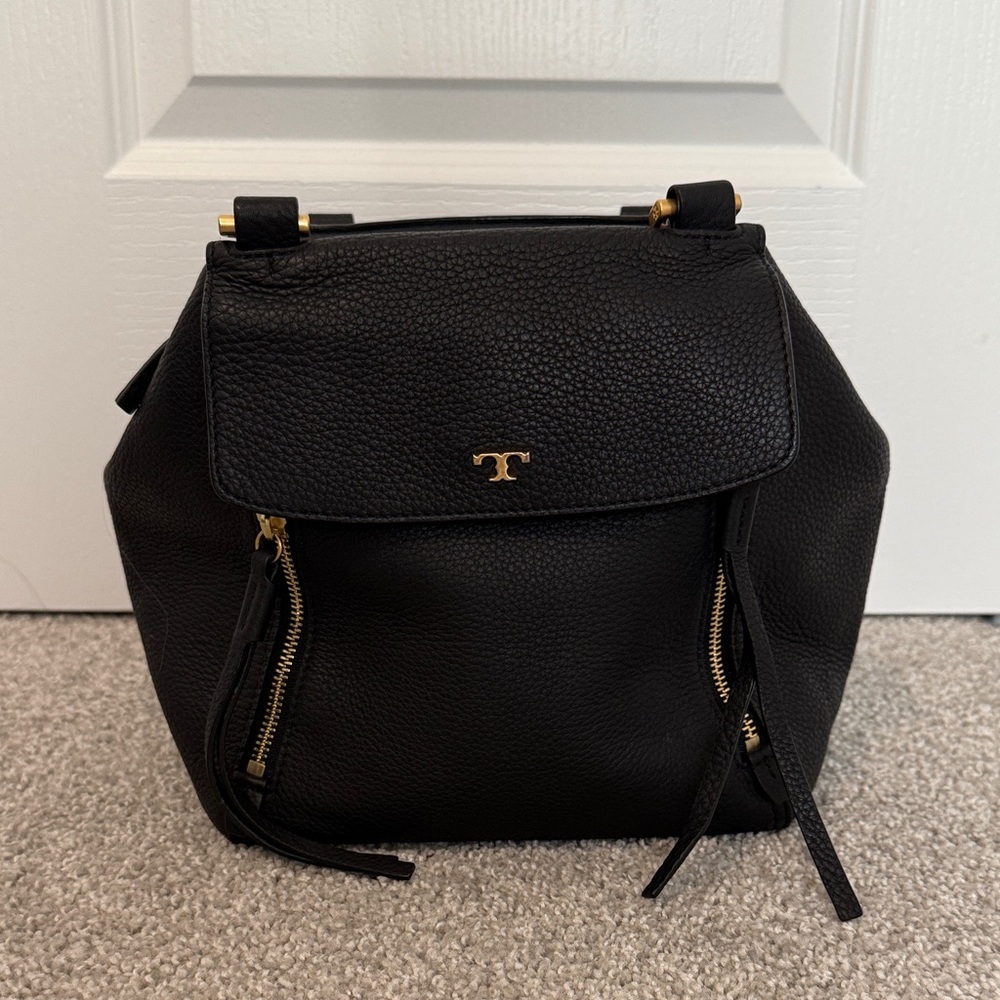 Tory Burch Black Leather Tote with Gold Accents